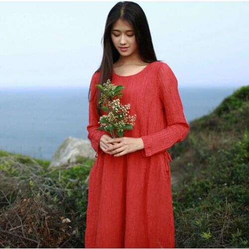 Women spring dresses 2020 long sleeve Vintage casual cotton linen dress elegant red dress Vestidos femininos plus size S-6XL
