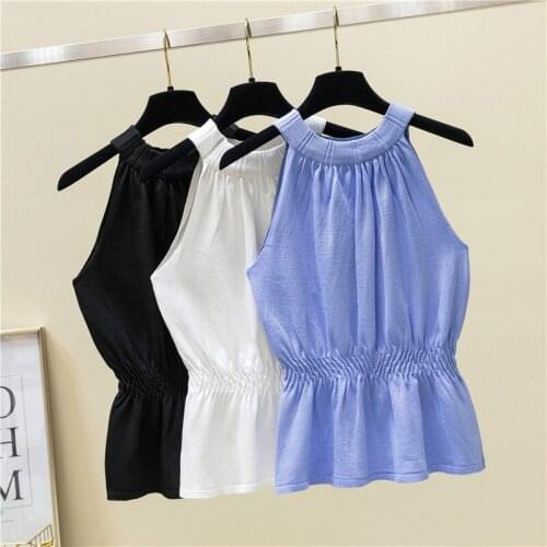 Women Solid Sleeveless Elastic Waist Halter Crop Tank Top Cami White Blue Black Tops y2k Ladies Elegant Camisole Fashion Clothes