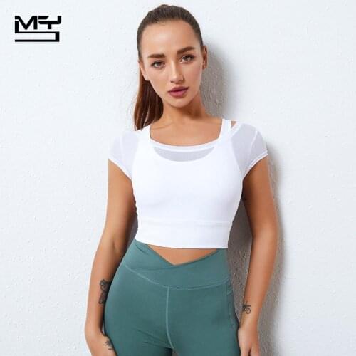 MYS Sports Top Women Gym Sexy Underwear Bra Elastic Mesh Breathable Workout T-shirt Short Sleeve Running Push-up Fitness Vest
