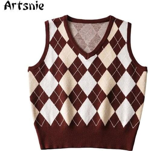 Artsnie Vintage Argyle Sweater Vest Women Autumn V Neck Sleeveless Slim Pull Femme Streetwear Knitted Ladies Crop Sweater Vest