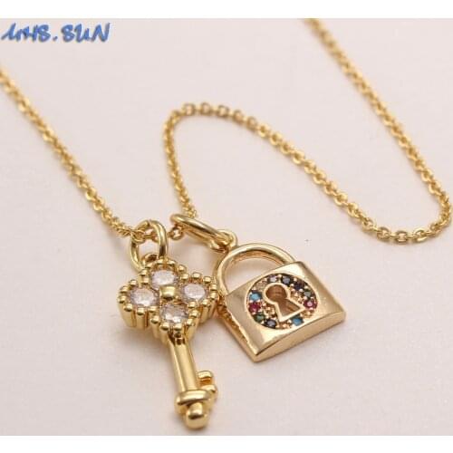 MHS.SUN Mosaic Zircon Key Lock Pendant Necklace Women Fashion Chain Necklace Girls Choker Jewelry Vintage Gold Color