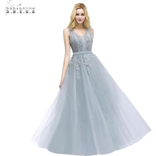 24 Hours Shipping Grey Lace Long Evening Dress Sexy Lace-up Back A-line Evening Party Dresses Appliques Robe De Soiree