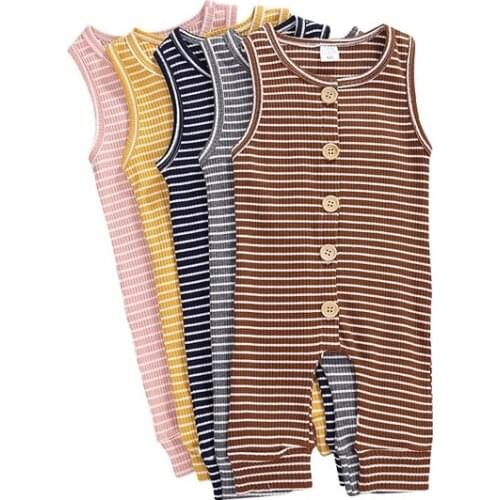 Newborn Baby Vest Style Jumpsuit Fashion Stripe Single-breasted One Piece Long Pants Ribbed Romper