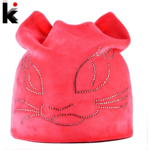 Winter Beanie Hats For Women Diamond Cat Velvet Gorros For Girls Warm Fluff Beanies Cap With Ears Toucas Feminina Inverno