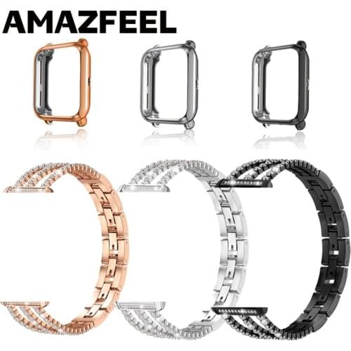 2pcs/lot diamond watch strap For Amazfit Bip Case Metal Bracelet For Huami Amazfit Bip Lite S Wrist Band Screen Protector Film