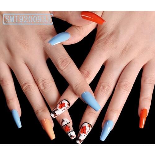 24pcs Maples Leaf Printed Nail Patch Glue Type Removable Long Paragraph Fashion Manicure Save Time False Nail Patch Stickers