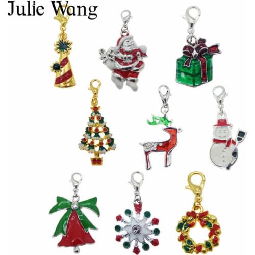 Julie Wang 9PCS Mixed Enamel Christmas Tree Santa Claus Snowman Keychains Alloy Lobster Buckle Clasp Charms Key Chains Jewelry