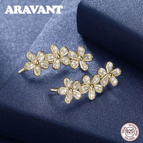 925 Sterling Silver Dazzling Daisies Flower Stud Earrings Clear CZ Fashion Earring For Women Sterling Silver Jewelry
