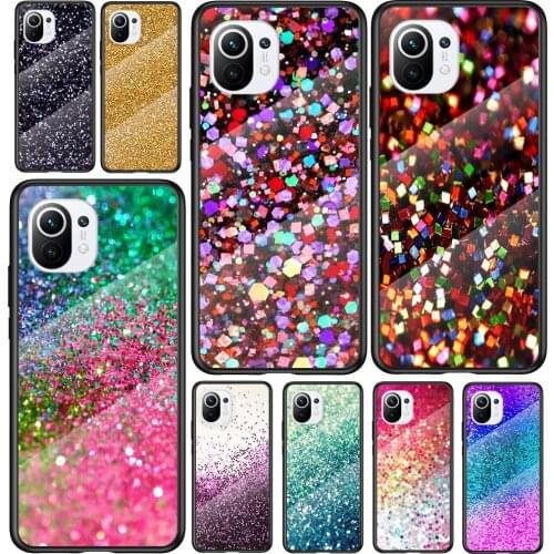 Tempered Glass Cover Glitter Sand Stone For Xiaomi Mi 11 11i 10T 10 CC9E CC9 9T Note 10 Ultra Pro Lite Phone Case Capa