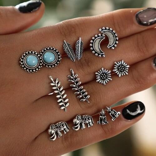 Ethnic Vintage Blue Crack Stone Stud Earrings Set Brincos Jewelry Cheapest Leaf Elephant Shape Earrings Mixed 6Pairs