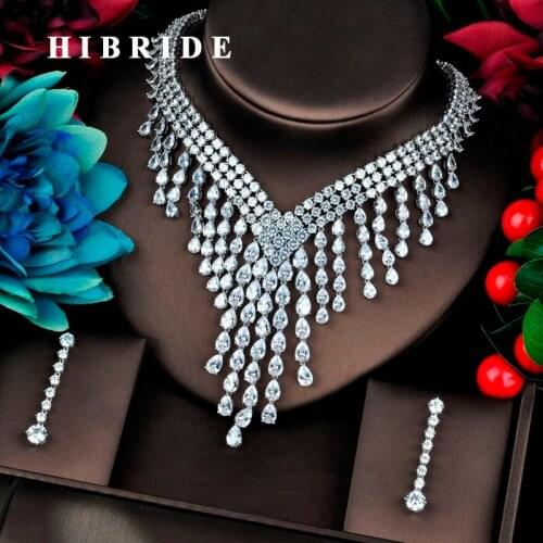 HIBRIDE Luxury Clear Long Tassel Water Drop CZ Big Jewelry Sets For Women Wedding Accessories Fashion Jewelry Gifts N-726