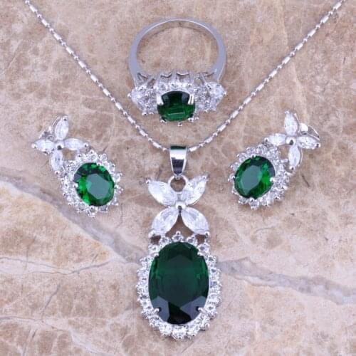 Lovely Green Cubic Zirconia White CZ Silver Plated Jewelry Sets Earrings Pendant Ring Size 6 / 7 / 8 / 9 / 10 / 11 / 12 S0042