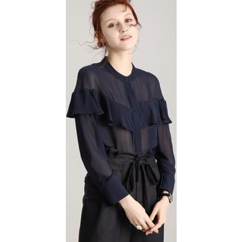 Summer Natural Silk Shirt 100% Mulberry Silk Women Ultra-thin Sunscreen Ruffles Blouse M L XL FREE SHIPPING