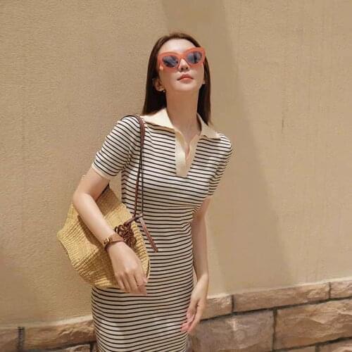 Small Sweet Elegant Wind Summer Short Sleeved Dress 2021 New Style Slimming Youthful-Looking Striped Knitted Polo Collar