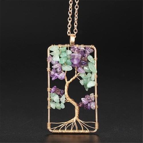 12PCS 7 Chakra Quartz Natural Stone Tree of Life pendulum Pendant Necklace for Women Healing Crystal Pendants Reiki Jewelry Free
