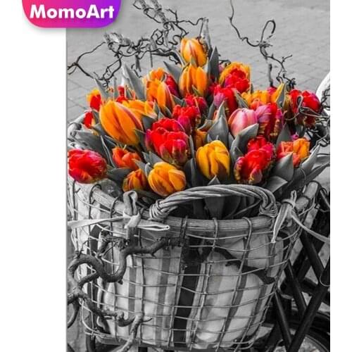 MomoArt Diamond Painting Tulip Needlework Diamond Embroidery Flower Cross Stitch Kit Mosaic Bicycle Full Drill Square Handicraft