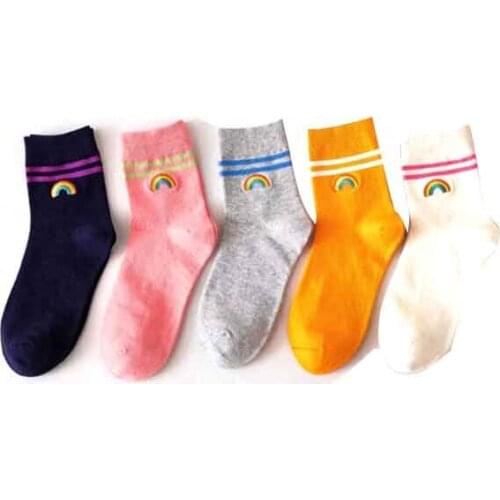 Wholesale Autumn 2 Strpis Warm Rainbow Logo Custom Embroidery Socks Women