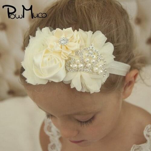 Powmuco Shining Pearls Rhinestone Crown Flowers Hairband Infant Solid Color Handmade Floral Elastic Headband Photography Props