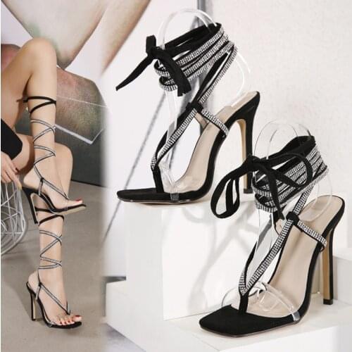 Womens Fashion Crystal Strap Gladiator Summer High Heels Rhinestone Sexy Shoes Black Blue Lace Up Cross Strappy Thong Sandals