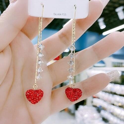 Fringed earrings Red heart Rhinestone New fashion ornament Sweet Romantic Fine jewelry серьги 2021 тренд бижутерия подросткам
