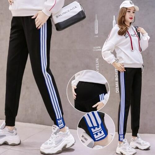 678# Maternity Pants Spring Autumn Casual Pants Side Strip Comfy Belly Support Pants Elastic Waist Maternity Trousers