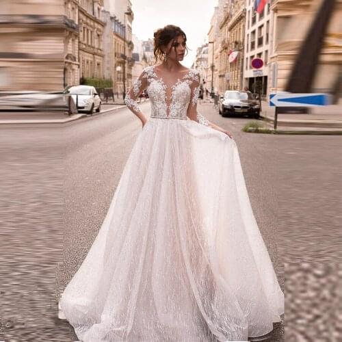 Scoop Neckline Applique Lace With Beadings Wedding Dress Long Sleeve Sweep Train Tulle Wedding Gowns robe de mariee