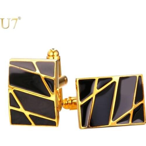 U7 New Square Cufflinks Black For Mens Enamel Fashion Jewelry Gold Color Men Suit Gold Stripes Cufflinks Box C019
