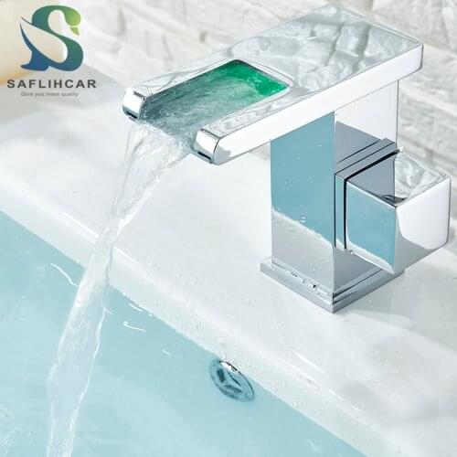 Waterfall LED light Basin Faucet Hot & Cold Water Mixer Chrome Washroom Sink Faucets Short/Tall LED RGB Colors Crane Tap