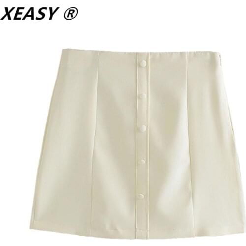 XEASY Women Simply Solid Color Buttons Decoration Press Design A Line Skirt Faldas Mujer Female Side Zipper Mini Vestido