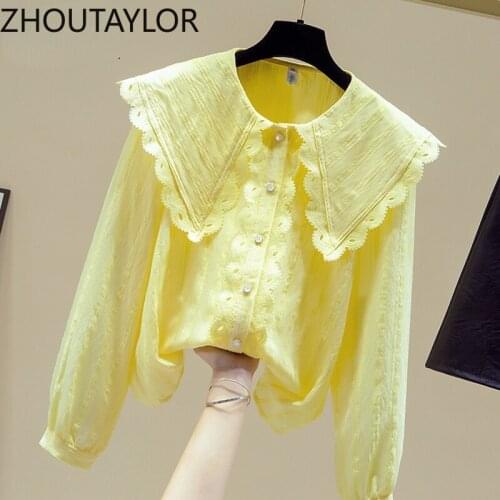 ZHOUTAYLOR Women Shirts Turn-down Collar Office Lady Tops Female Full Sleeve Single Breasted Straight Autumn Blouse Femme
