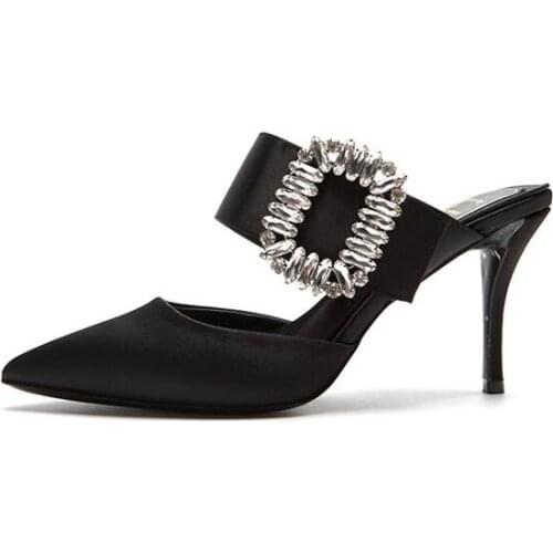 Carpaton Pointed Toe High Heel Woman Shoes Sexy Crystal Embellished Party Wedding Heels Cutouts Mules Shoes BLack Red Champagne