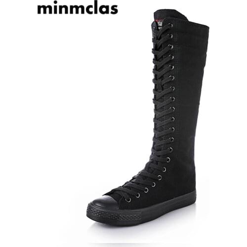 2020 Tall Sneakers Women Shoes Canvas Casual High Top Shoes Long Boots Lace-Up Zipper Comfortable Flat Boots Zapatillas Mujer