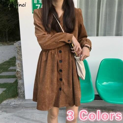 Long Sleeve Dress Women Corduroy V-neck Spring Autumn Single Breasted Solid Simple Elegant Womens Mini Dresses French Sweet BF