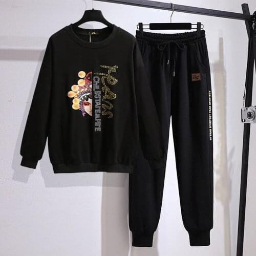 150Kg Plus Size Womens Autumn Nnational Style Printed Casual Suit Bust 157cm 6XL 7XL 8XL 9XL 10XL Loose Sweatshirt Sports Pants