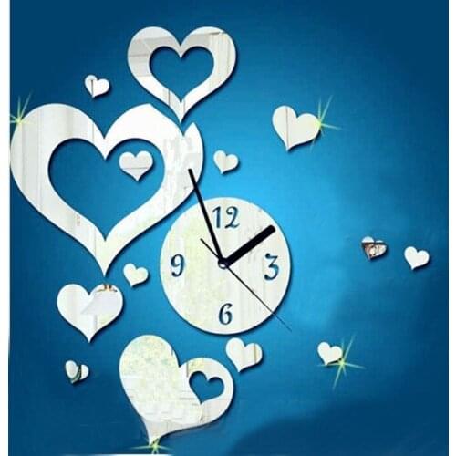 3D Clock Wall Mirror Stickers Heart Wall Decor Clock Mirror DIY Home Decoration Decal Decor Removable Wall Art