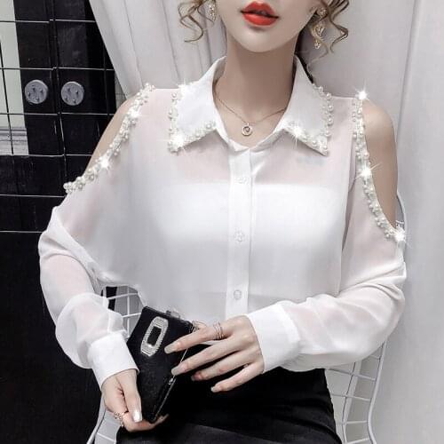 Blouse Shirts 2020 New Chiffon Pearl Shirt Turn Down Collar Off Shoulder Sexy Long Sleeve Beading Women Blouses Shirts 693C