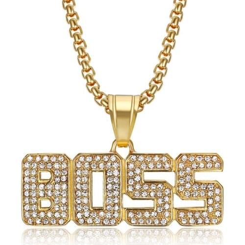 Iced Out Bling Letter Boss Pendant With Chain Stainless Steel Rhinestone IP Gold Color Mens Hip Hop Street Jewelry Dropshipping
