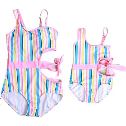 Stripe Swimwear Set One Piece Swimsuit Family Matching Outfits Family Bikini Baby Girls Kids Rainbow Printed