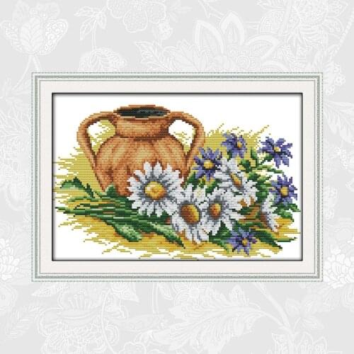 Daisy and Pot Painting Cross Stitch Printed Canvas 11CT 14CT DIY Handmade Embroidery Sets Needlework DMC Cotton Thread Crafts