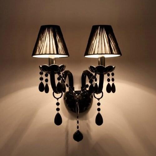 2020 New Black Crystal Wall Lamp Candle Led E14 Bulbs Black Silk Fabric Lampshade 2 Lights Free Shipping CCC And CE NS
