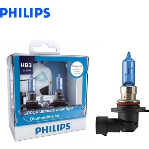 Philips HB3 9005 12V 60W Diamond Vision 5000K Super White Light Halogen Bulbs Car Headlight P20d 9005DV S2, Pair