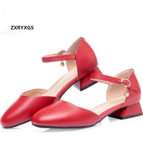 Hot 2020 New Summer Square Toe Side Air Elegant Sandals Low Heel Comfortable Sandals Genuine Leather Womens Sandals Large Size