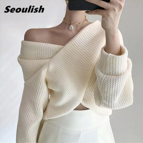 Seoulish 2021 New Autumn Winter Front Cross Womens Pullovers Off Shoulder Long Sleeve Loose Sweaters Female Knitting Sexy Tops