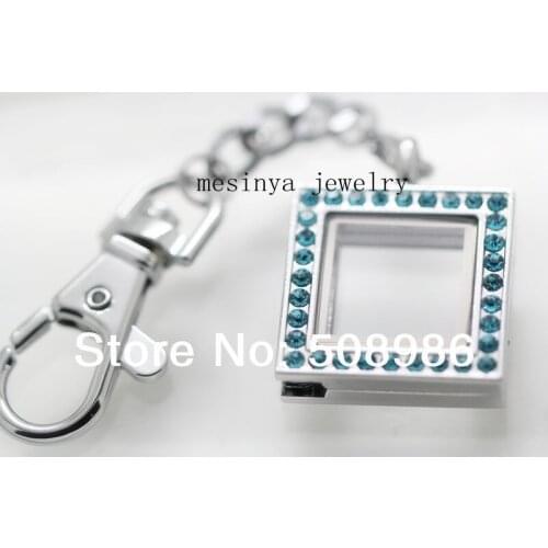 Blue zirconia square floating charm memory living glass locket key rings keychains, charm not included