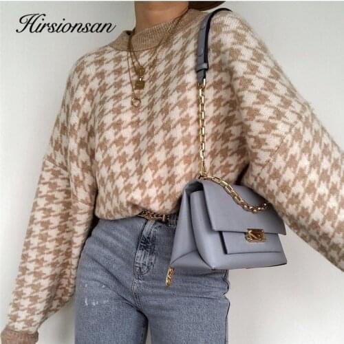 Hirsionsan Houndstooth Sweater Women 2020 New Hot Sale Vintage Geometric Khaki Knitted PulloversLoose Soft Elegant Jumper Winter