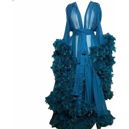 Navy Blue Ostrich feather Women Pajamas Bathrobe with belt Tiered V Neck Photo Shoot Dress Party Evening Wedding Nightdress