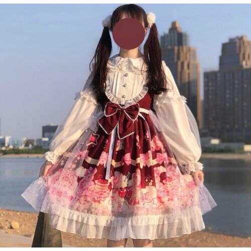 Victorian Vintage Women Sleeveless Bowknot Princess Party Dresses Bear Strawberry Cake Print Girls Japanese Sweet Jsk Dress