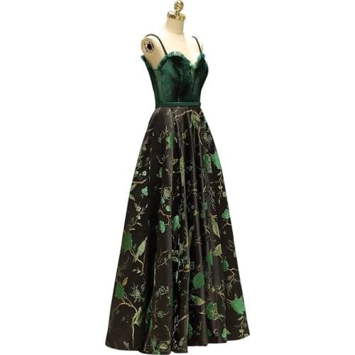 Green Velvet and Embroidery Taffeta Spaghetti Straps Tassel Floor Length Party Gown Vestido de noche Robe de soiree Embroidery