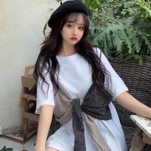 Plus size 120kg Korean Chic Women T Shirts Fake Two Piece Bow Patchwork Loose Tops Short Sleeve O-Neck Summer 2021 Casual