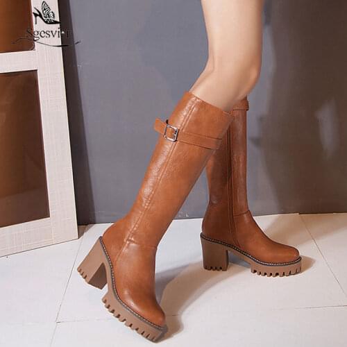 Sgesvier 2020 New Retro women boots lace up buckle lace up knee high boots round toe platform winter boots ladies shoes size 43